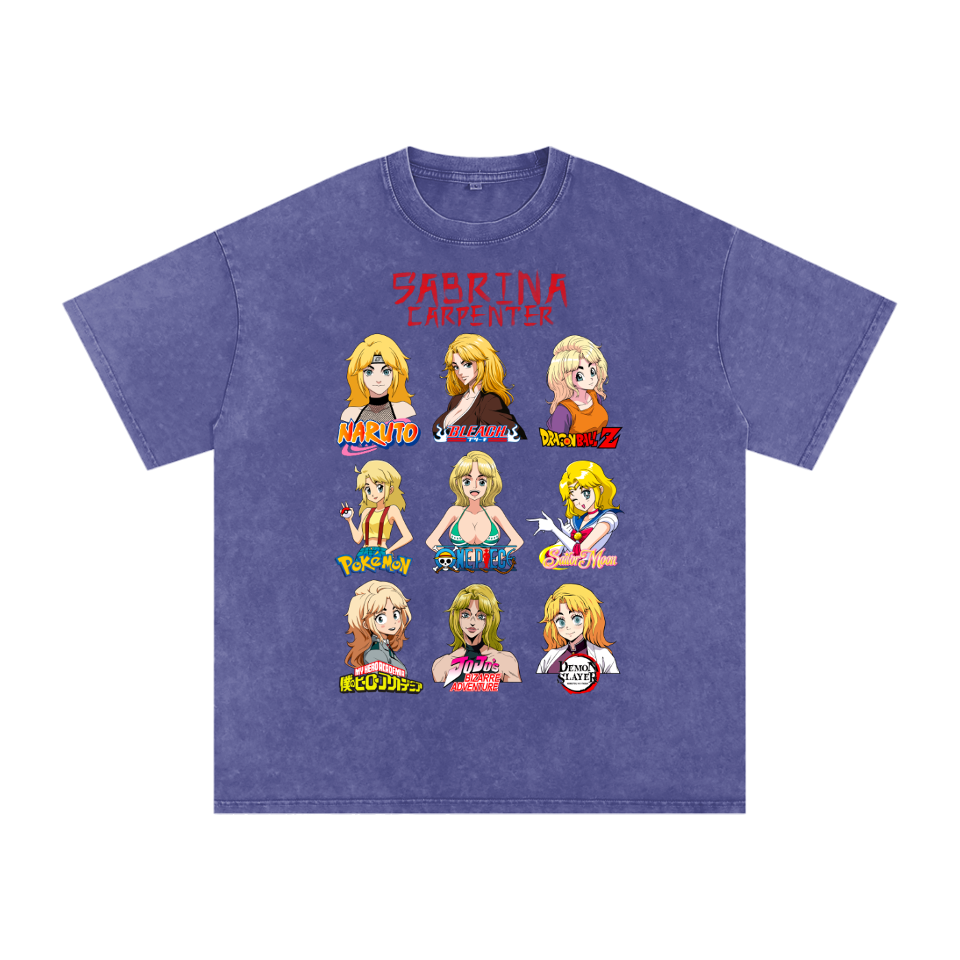 Sabrina Carpenter Anime Art Styles Purple Haze Acid Wash Tee, Naruto, Bleach, Dragonball Z, Pokémon, One Piece, Sailor Moon, My Hero Academia, Jojo's Bizarre Adventure, Demon Slayer