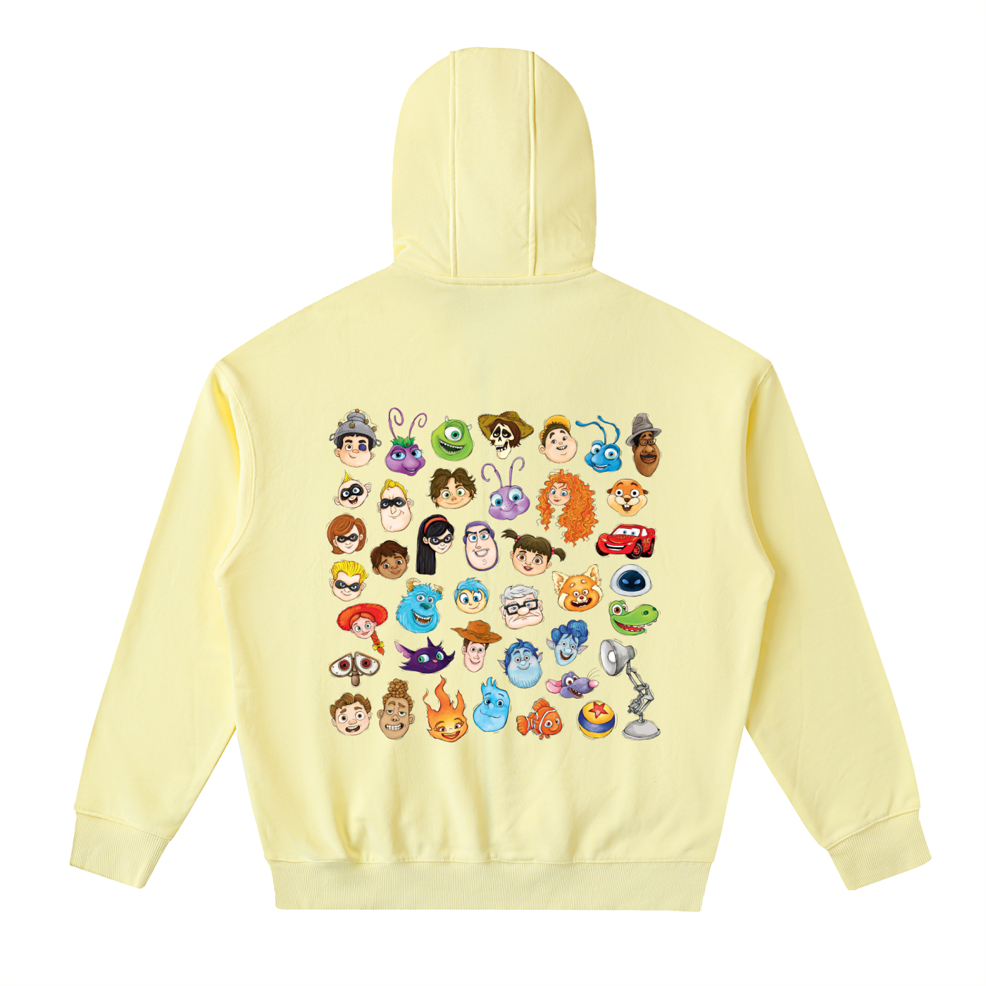 Watercolour Disney Pixar Protagonist Icons Yellow Classic Zip-Up Hoodie, Toy Story, A Bug’s Life, Monsters, Inc., Finding Nemo, The Incredibles, Cars, Ratatouille, WALL-E, Up, Brave, Inside Out, The Good Dinosaur, Coco, Onward, Soul, Luca, Turning Red, Elemental, Elio, Hoppers, Gatto