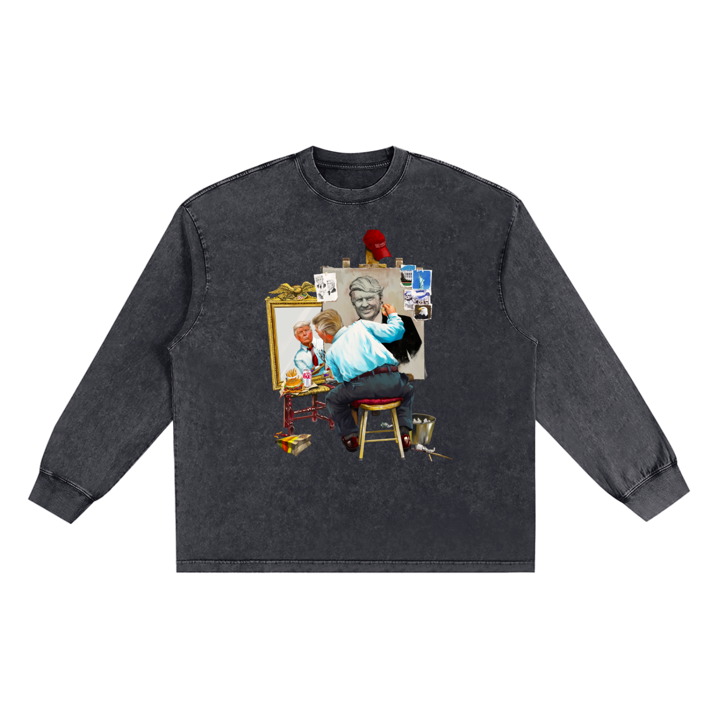 Donald Trump Triple Self Portrait Snow Washed Long Sleeve Black Tee