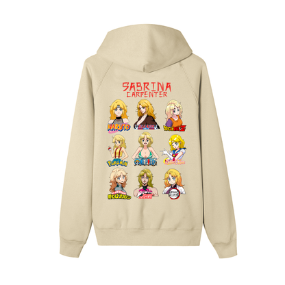 Sabrina Carpenter Anime Art Styles Light Khaki Zip-Up Fleece Hoodie, Naruto, Bleach, Dragonball Z, Pokémon, One Piece, Sailor Moon, My Hero Academia, Jojo's Bizarre Adventure, Demon Slayer