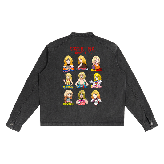 Sabrina Carpenter Anime Art Styles Black Denim Vintage Washed Zip-Up Jacket