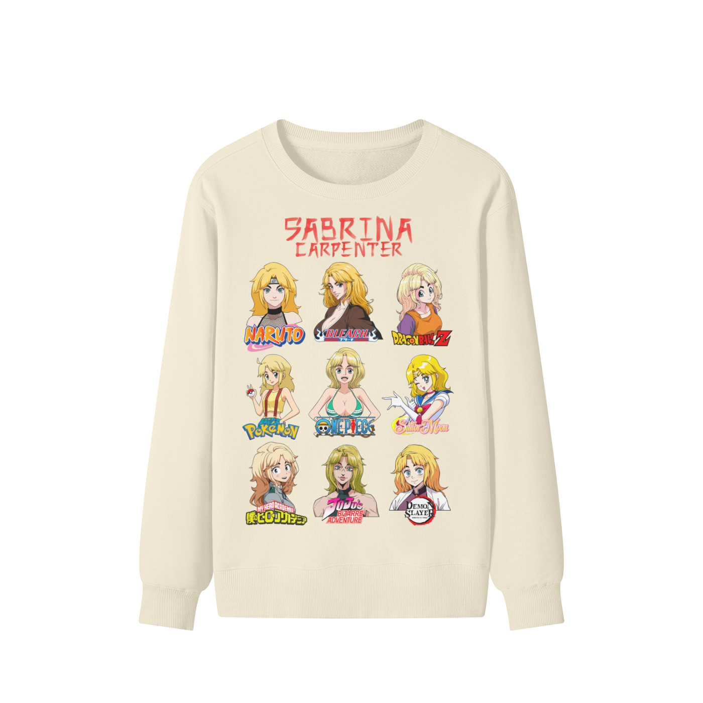 Sabrina Carpenter Anime Art Styles Light Khaki Classic Sweatshirt, Naruto, Bleach, Dragonball Z, Pokémon, One Piece, Sailor Moon, My Hero Academia, Jojo's Bizarre Adventure, Demon Slayer