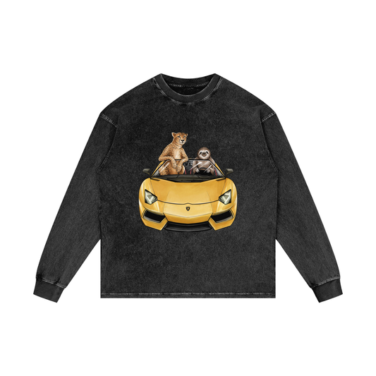 Cheetah & Sloth Lamborghini Aventador Black Acid Wash Long Sleeve Tee