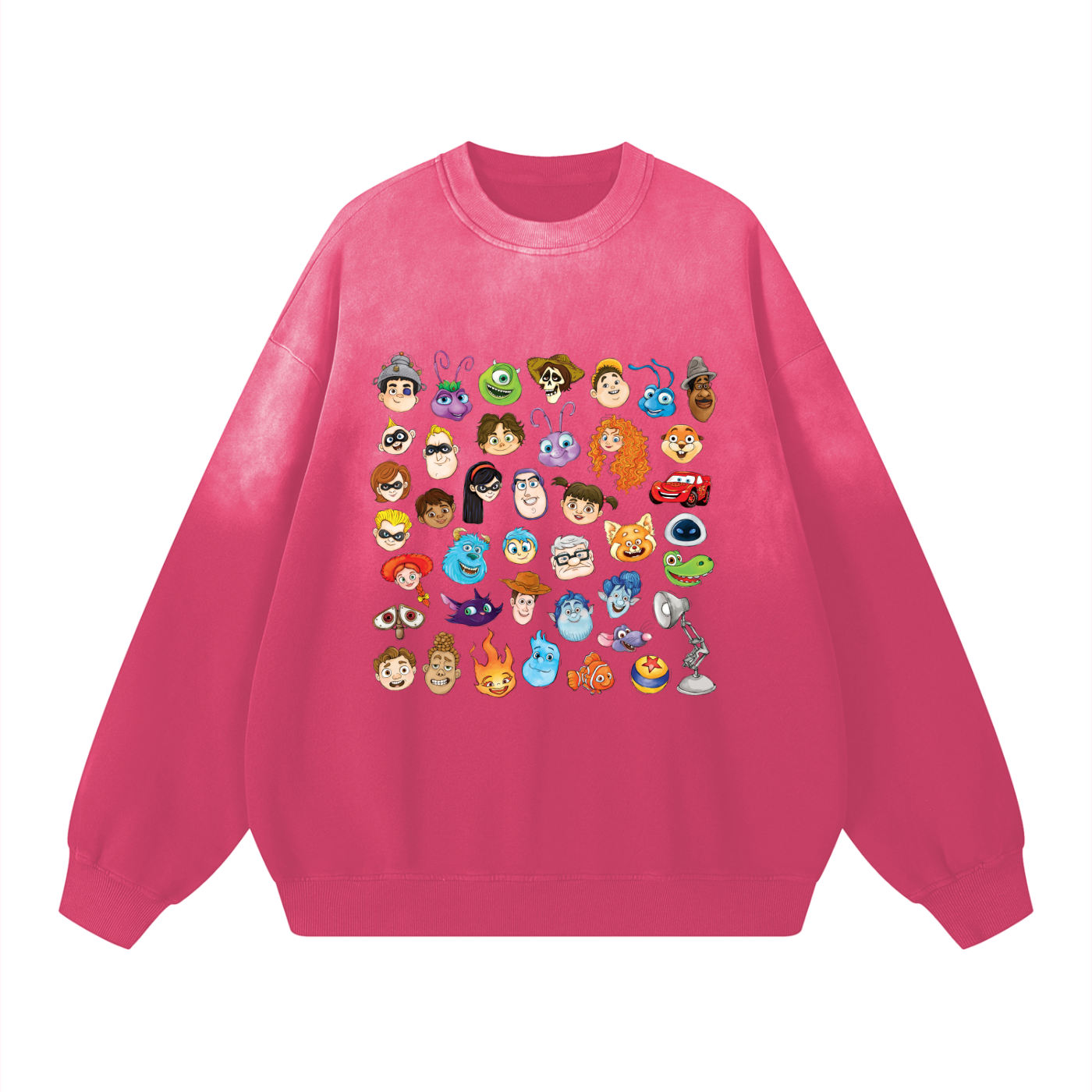 Watercolour Disney Pixar Protagonist Icons Pink Sunfaded Acid Wash Sweatshirt, Toy Story, A Bug’s Life, Monsters, Inc., Finding Nemo, The Incredibles, Cars, Ratatouille, WALL-E, Up, Brave, Inside Out, The Good Dinosaur, Coco, Onward, Soul, Luca, Turning Red, Elemental, Elio, Hoppers, Gatto
