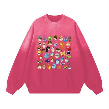 Watercolour Disney Pixar Protagonist Icons Pink Sunfaded Acid Wash Sweatshirt, Toy Story, A Bug’s Life, Monsters, Inc., Finding Nemo, The Incredibles, Cars, Ratatouille, WALL-E, Up, Brave, Inside Out, The Good Dinosaur, Coco, Onward, Soul, Luca, Turning Red, Elemental, Elio, Hoppers, Gatto
