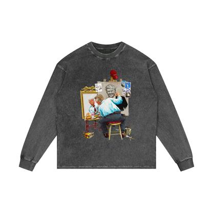 Donald Trump Triple Self Portrait Dark Grey Acid Wash Long Sleeve Tee