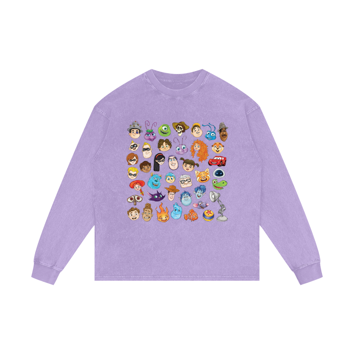 Watercolour Disney Pixar Protagonist Icons Light Purple Acid Wash Long Sleeve T-Shirt, Toy Story, A Bug’s Life, Monsters, Inc., Finding Nemo, The Incredibles, Cars, Ratatouille, WALL-E, Up, Brave, Inside Out, The Good Dinosaur, Coco, Onward, Soul, Luca, Turning Red, Elemental, Elio, Hoppers, Gatto