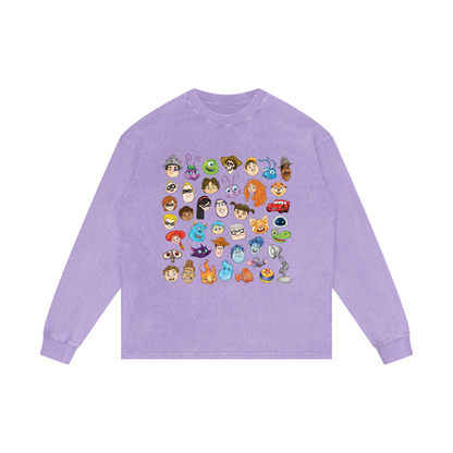 Watercolour Disney Pixar Protagonist Icons Light Purple Acid Wash Long Sleeve T-Shirt, Toy Story, A Bug’s Life, Monsters, Inc., Finding Nemo, The Incredibles, Cars, Ratatouille, WALL-E, Up, Brave, Inside Out, The Good Dinosaur, Coco, Onward, Soul, Luca, Turning Red, Elemental, Elio, Hoppers, Gatto