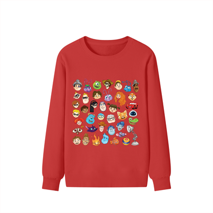 Watercolour Disney Pixar Protagonist Icons Red Classic Sweatshirt, Toy Story, A Bug’s Life, Monsters, Inc., Finding Nemo, The Incredibles, Cars, Ratatouille, WALL-E, Up, Brave, Inside Out, The Good Dinosaur, Coco, Onward, Soul, Luca, Turning Red, Elemental, Elio, Hoppers, Gatto