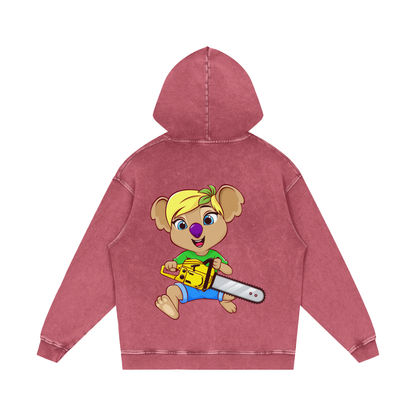 Disney Style Koala Chainsaw Acid Wash Dark Pink Hoodie