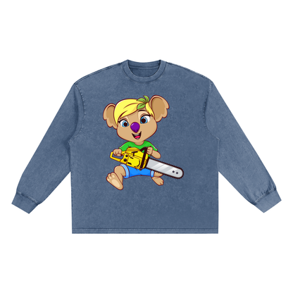 Disney Style Koala Chainsaw Snow Washed Long Sleeve Chambray Blue Tee