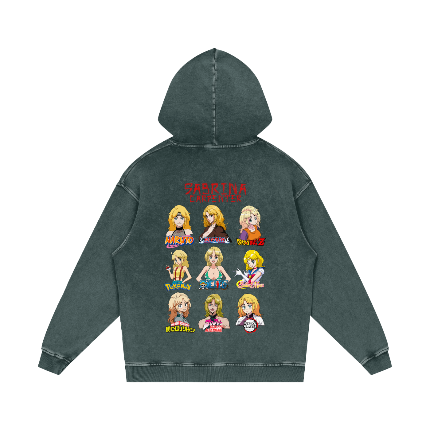 Sabrina Carpenter Anime Art Styles Dark Green Acid Wash Hoodie, Naruto, Bleach, Dragonball Z, Pokémon, One Piece, Sailor Moon, My Hero Academia, Jojo's Bizarre Adventure, Demon Slayer