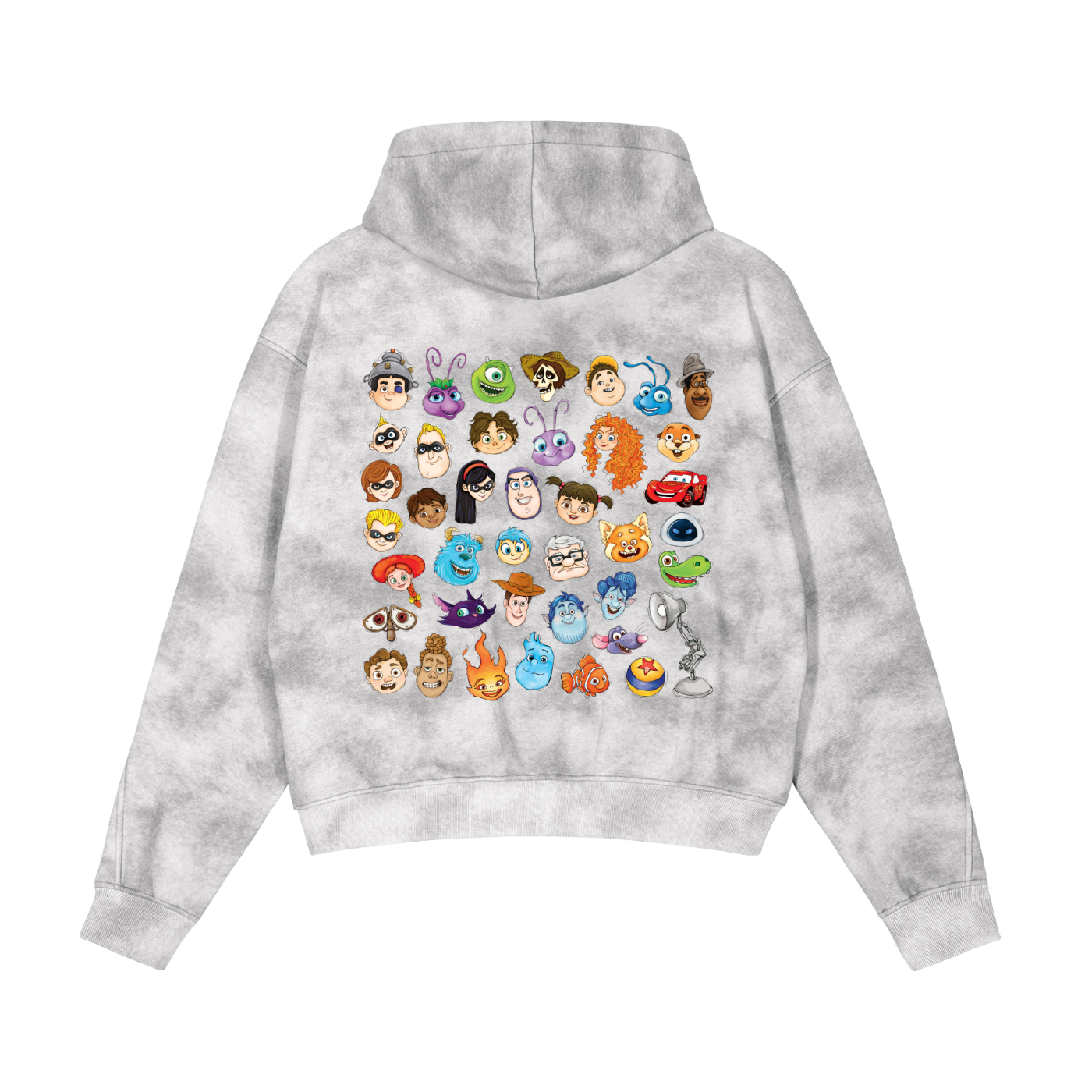Watercolour Disney Pixar Protagonist Icons Sage Grey Vintage Washed Zip-Up Fleece Hoodie, Toy Story, A Bug’s Life, Monsters, Inc., Finding Nemo, The Incredibles, Cars, Ratatouille, WALL-E, Up, Brave, Inside Out, The Good Dinosaur, Coco, Onward, Soul, Luca, Turning Red, Elemental, Elio, Hoppers, Gatto