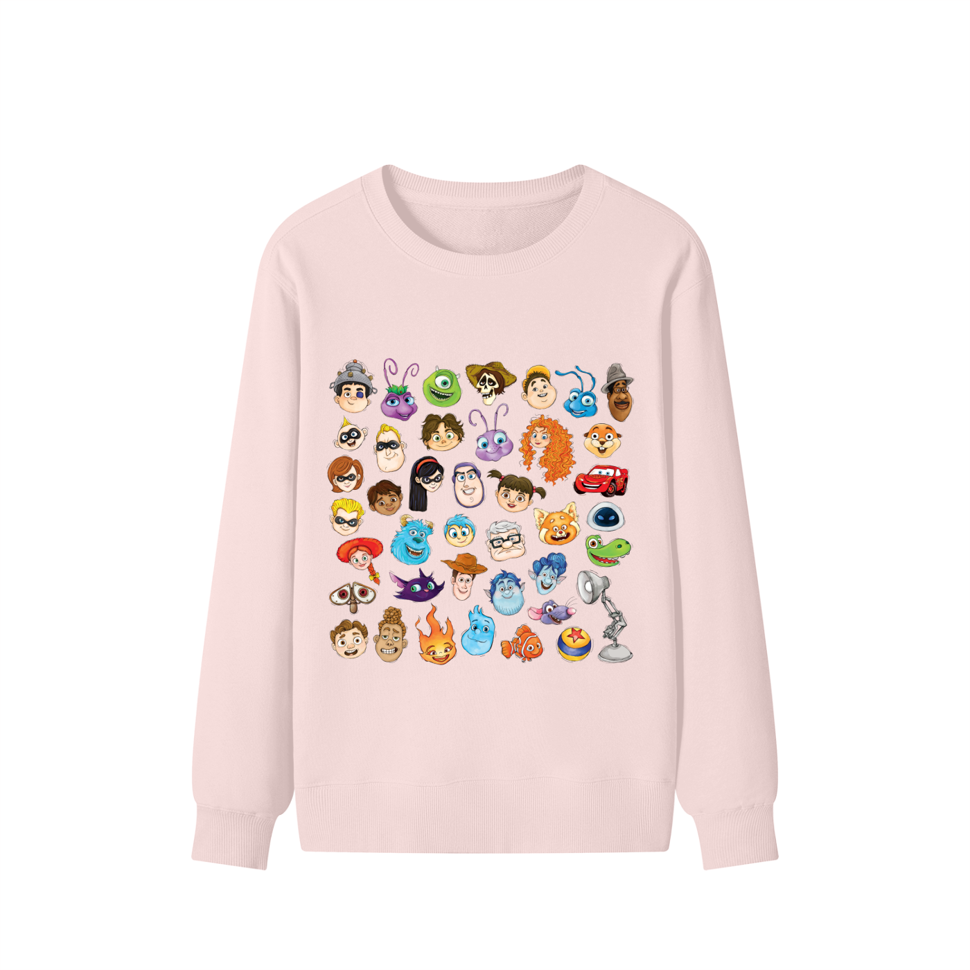 Watercolour Disney Pixar Protagonist Icons Light Pink Classic Sweatshirt, Toy Story, A Bug’s Life, Monsters, Inc., Finding Nemo, The Incredibles, Cars, Ratatouille, WALL-E, Up, Brave, Inside Out, The Good Dinosaur, Coco, Onward, Soul, Luca, Turning Red, Elemental, Elio, Hoppers, Gatto