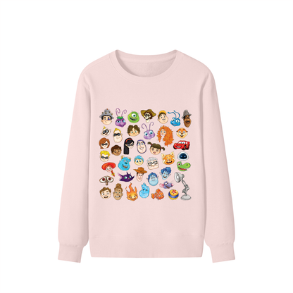 Watercolour Disney Pixar Protagonist Icons Light Pink Classic Sweatshirt, Toy Story, A Bug’s Life, Monsters, Inc., Finding Nemo, The Incredibles, Cars, Ratatouille, WALL-E, Up, Brave, Inside Out, The Good Dinosaur, Coco, Onward, Soul, Luca, Turning Red, Elemental, Elio, Hoppers, Gatto