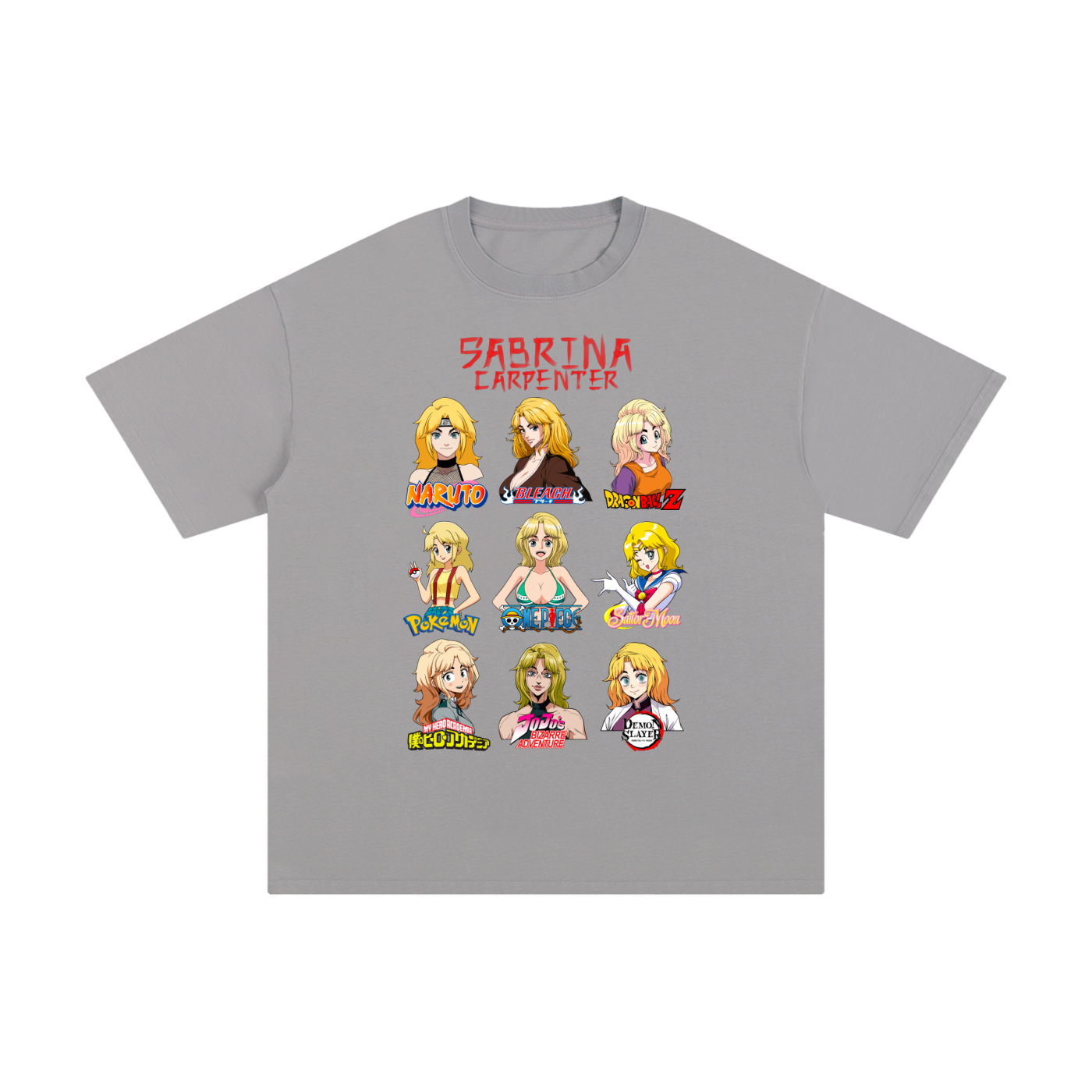 Sabrina Carpenter Anime Art Styles Light Grey Classic Tee, Naruto, Bleach, Dragonball Z, Pokémon, One Piece, Sailor Moon, My Hero Academia, Jojo's Bizarre Adventure, Demon Slayer