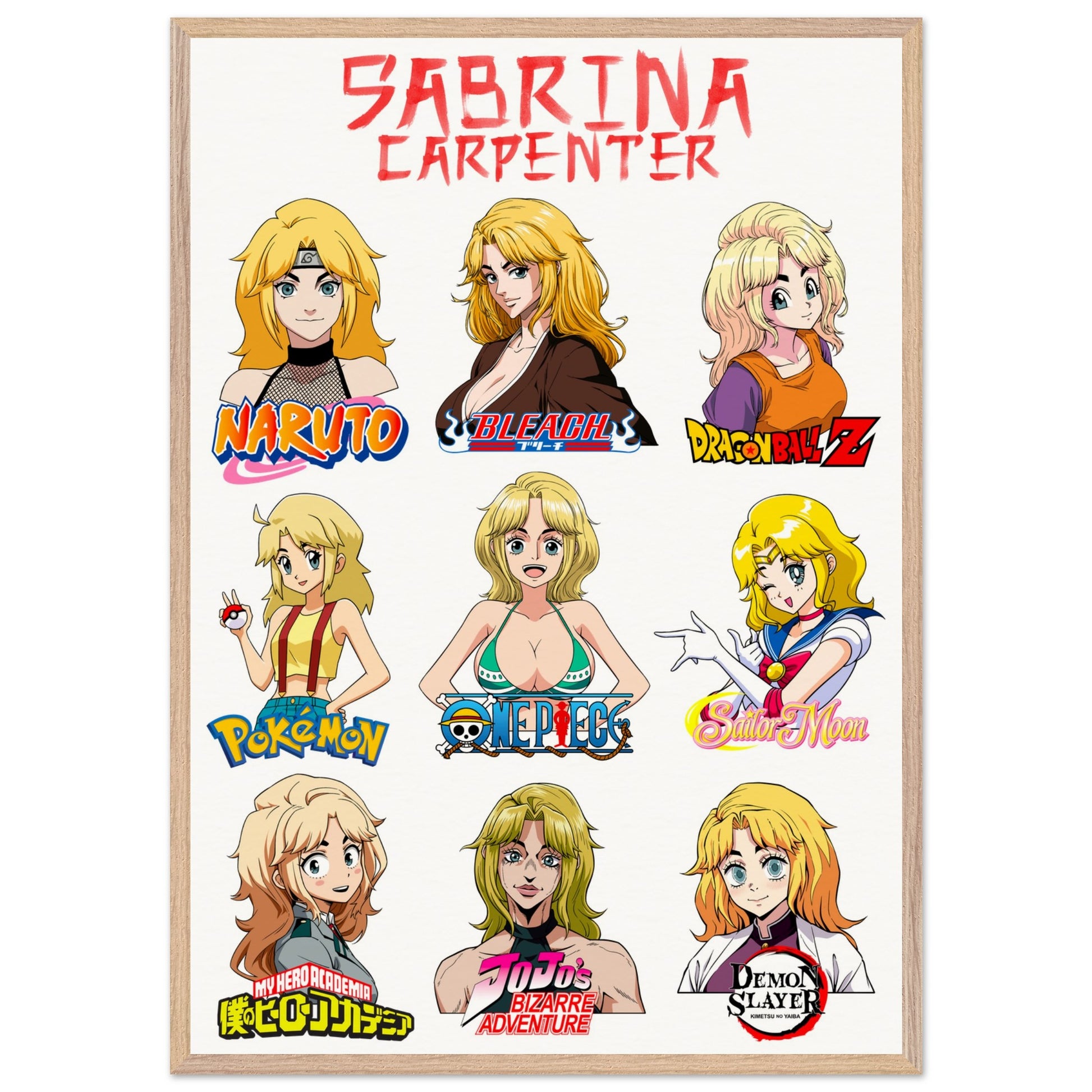 Sabrina Carpenter Anime Art Styles Wood Frame Premium Luxury Wooden Framed Poster, Naruto, Bleach, Dragon Ball Z, Pokémon, One Piece, Sailor Moon, My Hero Academia, Jojo's Bizarre Adventure, Demon Slayer