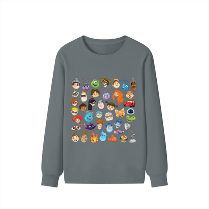Watercolour Disney Pixar Protagonist Icons Dark Grey Classic Sweatshirt, Toy Story, A Bug’s Life, Monsters, Inc., Finding Nemo, The Incredibles, Cars, Ratatouille, WALL-E, Up, Brave, Inside Out, The Good Dinosaur, Coco, Onward, Soul, Luca, Turning Red, Elemental, Elio, Hoppers, Gatto