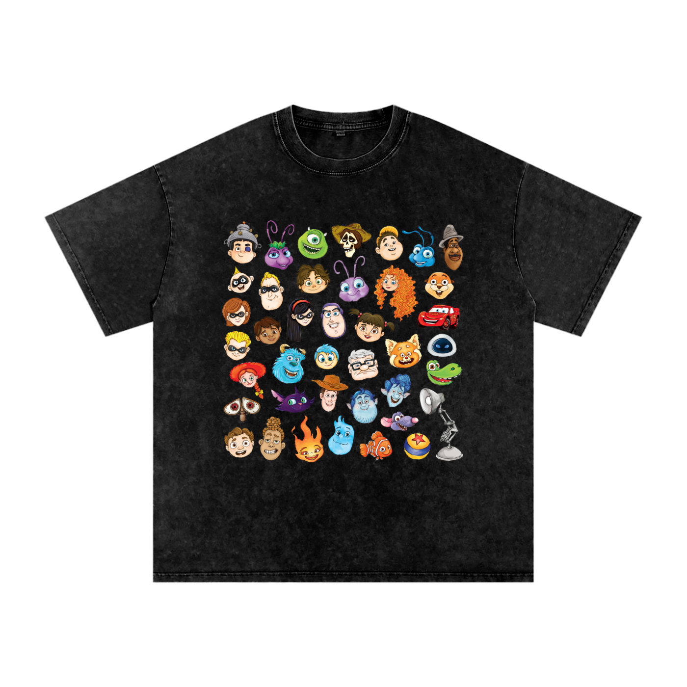 Watercolour Disney Pixar Protagonist Icons Black Acid Wash Tee, Toy Story, A Bug’s Life, Monsters, Inc., Finding Nemo, The Incredibles, Cars, Ratatouille, WALL-E, Up, Brave, Inside Out, The Good Dinosaur, Coco, Onward, Soul, Luca, Turning Red, Elemental, Elio, Hoppers, Gatto