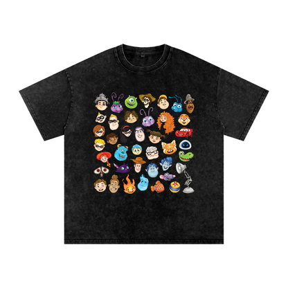 Watercolour Disney Pixar Protagonist Icons Black Acid Wash Tee, Toy Story, A Bug’s Life, Monsters, Inc., Finding Nemo, The Incredibles, Cars, Ratatouille, WALL-E, Up, Brave, Inside Out, The Good Dinosaur, Coco, Onward, Soul, Luca, Turning Red, Elemental, Elio, Hoppers, Gatto