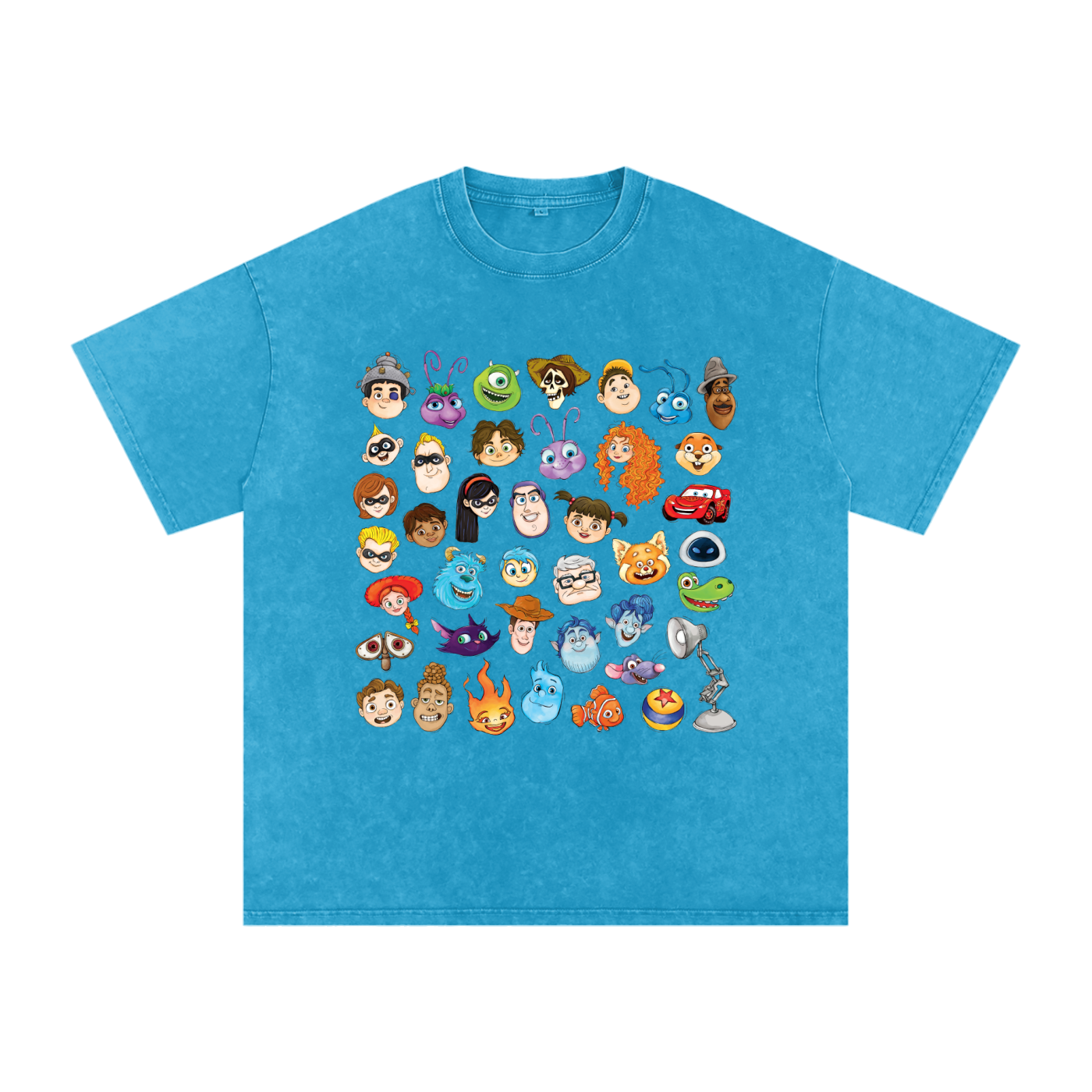 Watercolour Disney Pixar Protagonist Icons Cerulean Blue Acid Wash Tee, Toy Story, A Bug’s Life, Monsters, Inc., Finding Nemo, The Incredibles, Cars, Ratatouille, WALL-E, Up, Brave, Inside Out, The Good Dinosaur, Coco, Onward, Soul, Luca, Turning Red, Elemental, Elio, Hoppers, Gatto