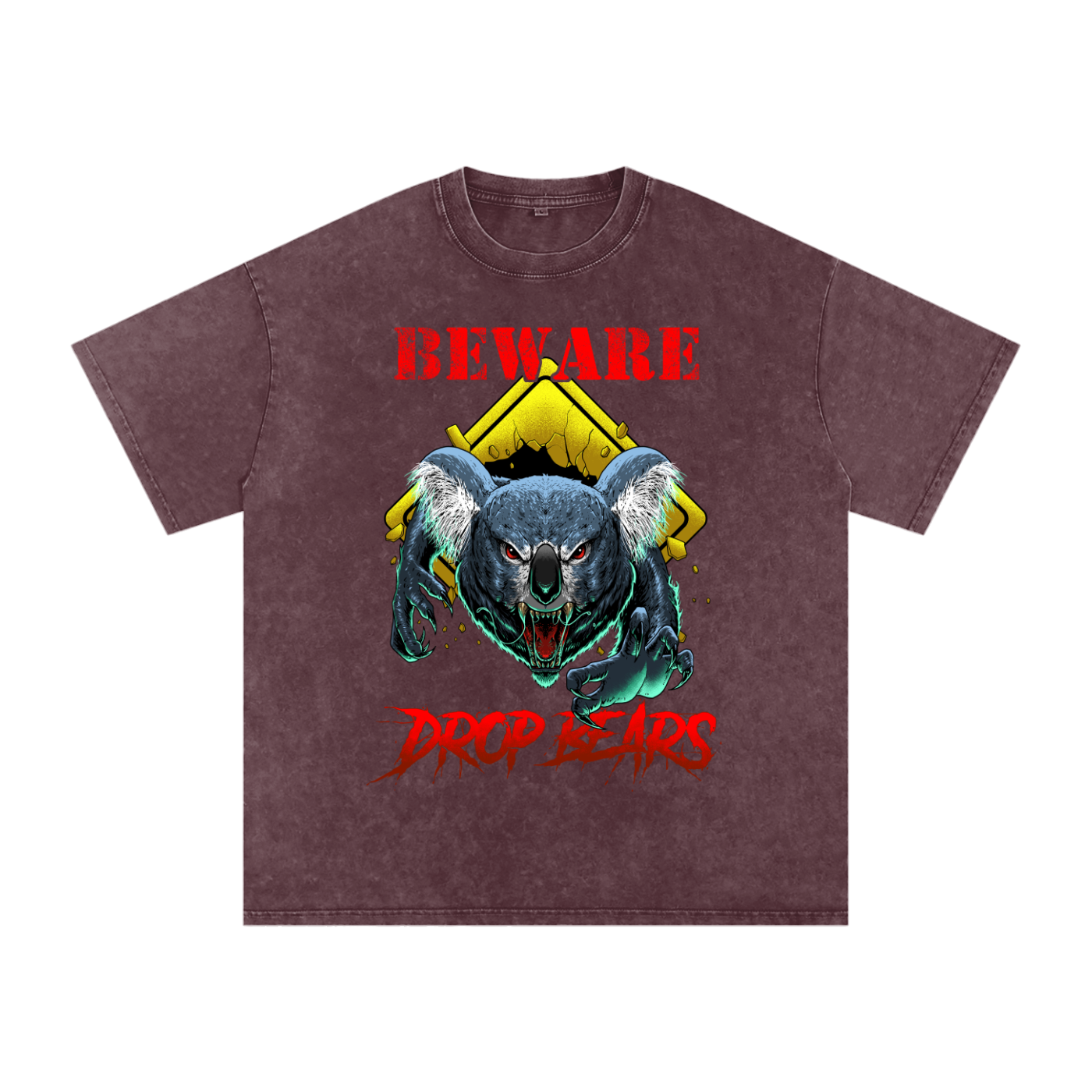 Beware Drop Bear Acid Wash Maroon Tee