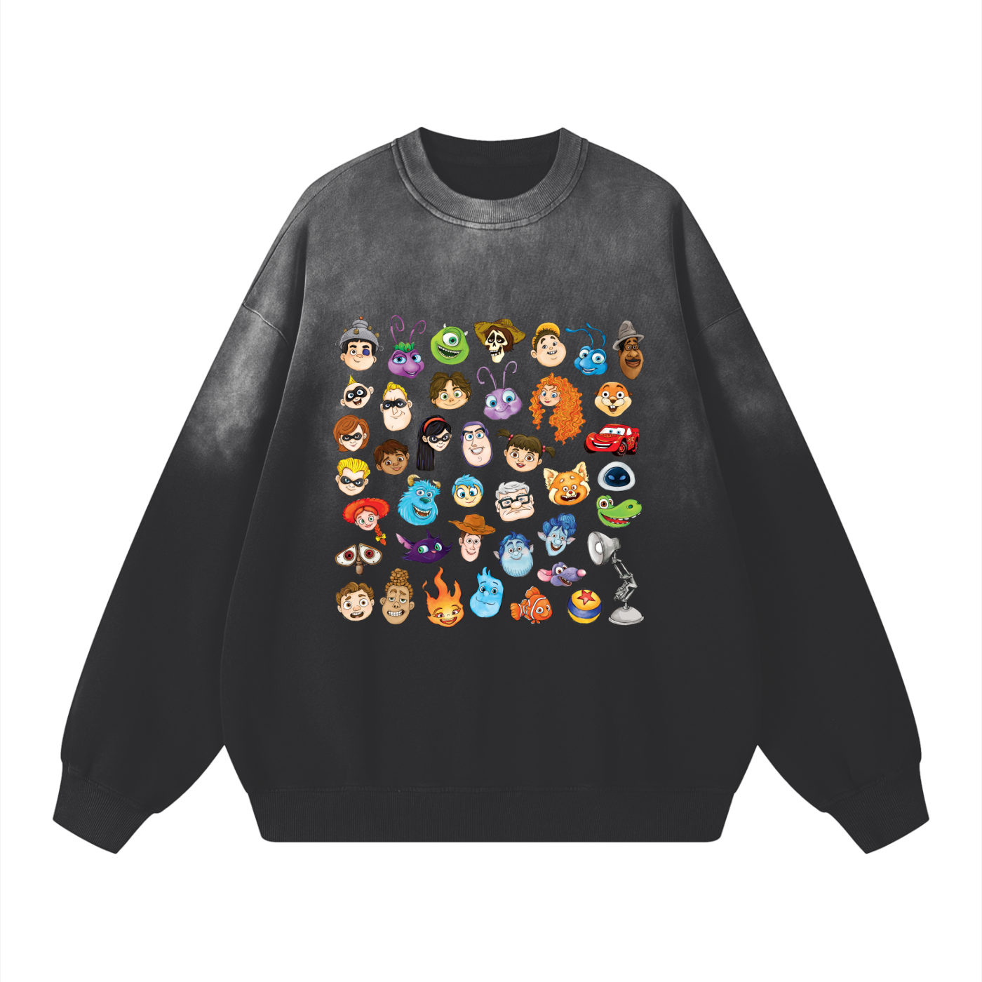 Watercolour Disney Pixar Protagonist Icons Black Sunfaded Acid Wash Sweatshirt, Toy Story, A Bug’s Life, Monsters, Inc., Finding Nemo, The Incredibles, Cars, Ratatouille, WALL-E, Up, Brave, Inside Out, The Good Dinosaur, Coco, Onward, Soul, Luca, Turning Red, Elemental, Elio, Hoppers, Gatto
