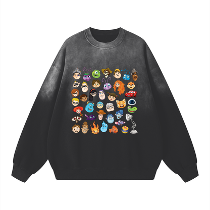 Watercolour Disney Pixar Protagonist Icons Black Sunfaded Acid Wash Sweatshirt, Toy Story, A Bug’s Life, Monsters, Inc., Finding Nemo, The Incredibles, Cars, Ratatouille, WALL-E, Up, Brave, Inside Out, The Good Dinosaur, Coco, Onward, Soul, Luca, Turning Red, Elemental, Elio, Hoppers, Gatto
