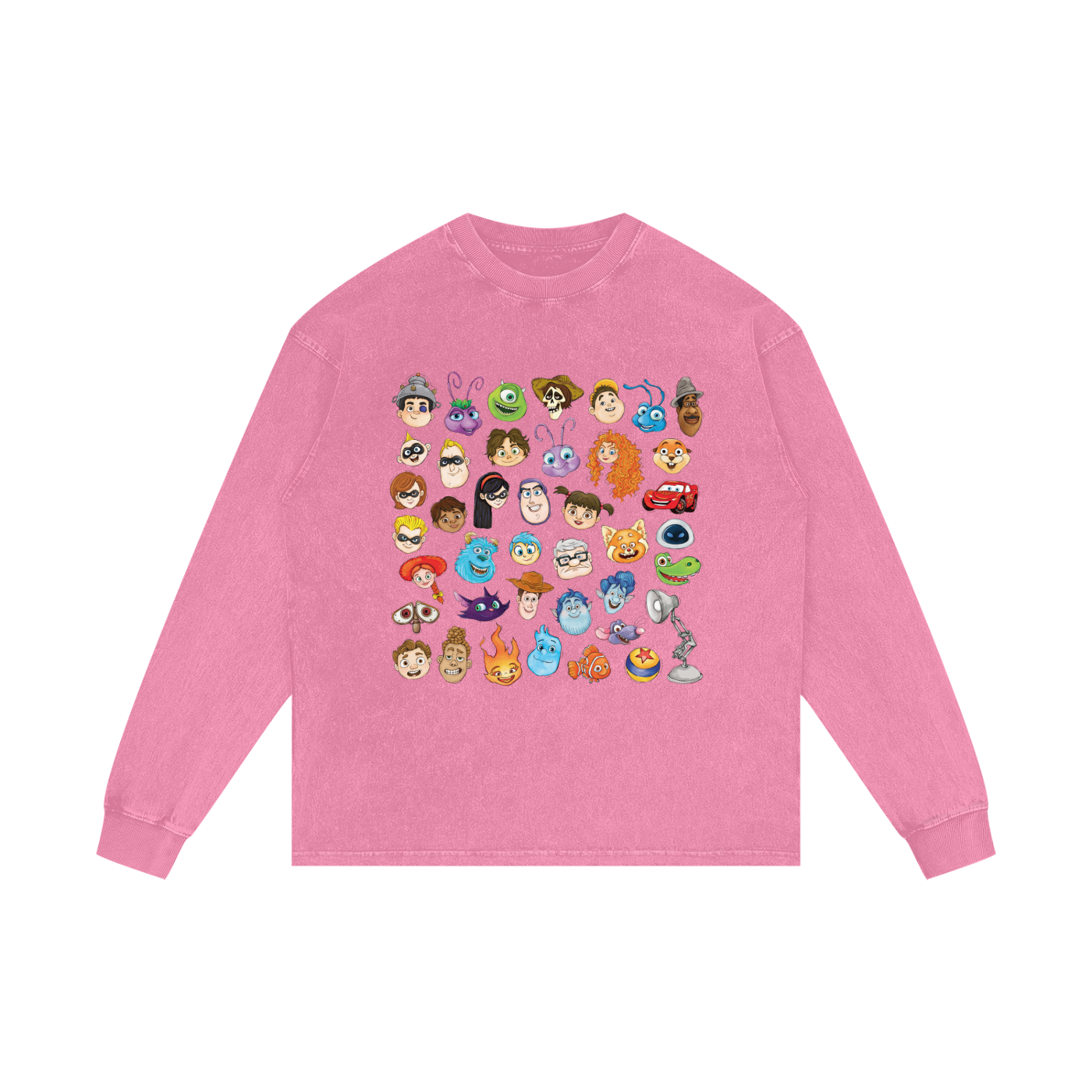 Watercolour Disney Pixar Protagonist Icons Rose Pink Acid Wash Long Sleeve T-Shirt, Toy Story, A Bug’s Life, Monsters, Inc., Finding Nemo, The Incredibles, Cars, Ratatouille, WALL-E, Up, Brave, Inside Out, The Good Dinosaur, Coco, Onward, Soul, Luca, Turning Red, Elemental, Elio, Hoppers, Gatto