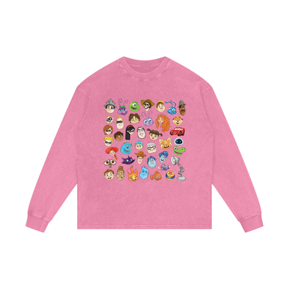 Watercolour Disney Pixar Protagonist Icons Rose Pink Acid Wash Long Sleeve T-Shirt, Toy Story, A Bug’s Life, Monsters, Inc., Finding Nemo, The Incredibles, Cars, Ratatouille, WALL-E, Up, Brave, Inside Out, The Good Dinosaur, Coco, Onward, Soul, Luca, Turning Red, Elemental, Elio, Hoppers, Gatto