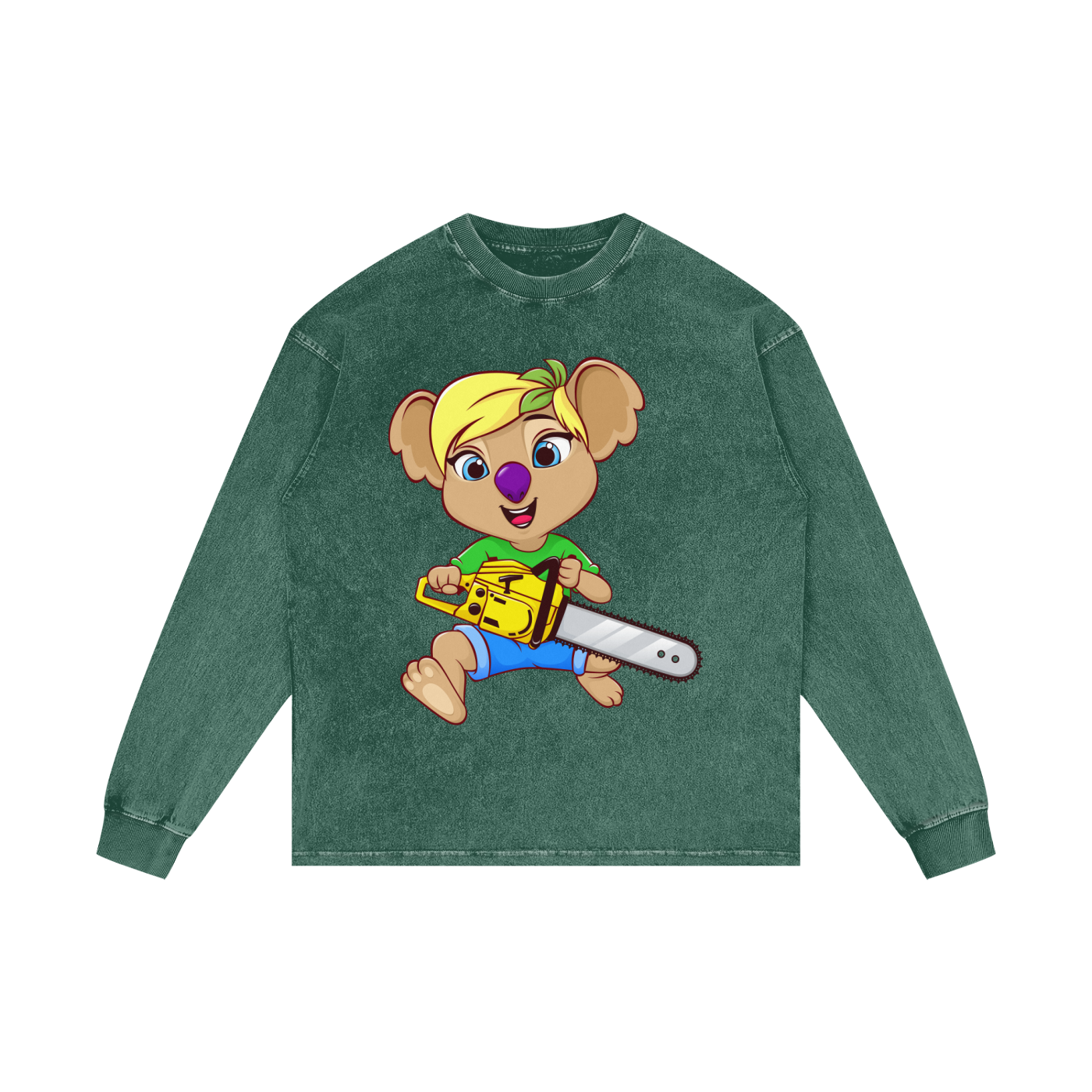 Disney Style Koala Chainsaw Dark Green Acid Wash Long Sleeve Tee