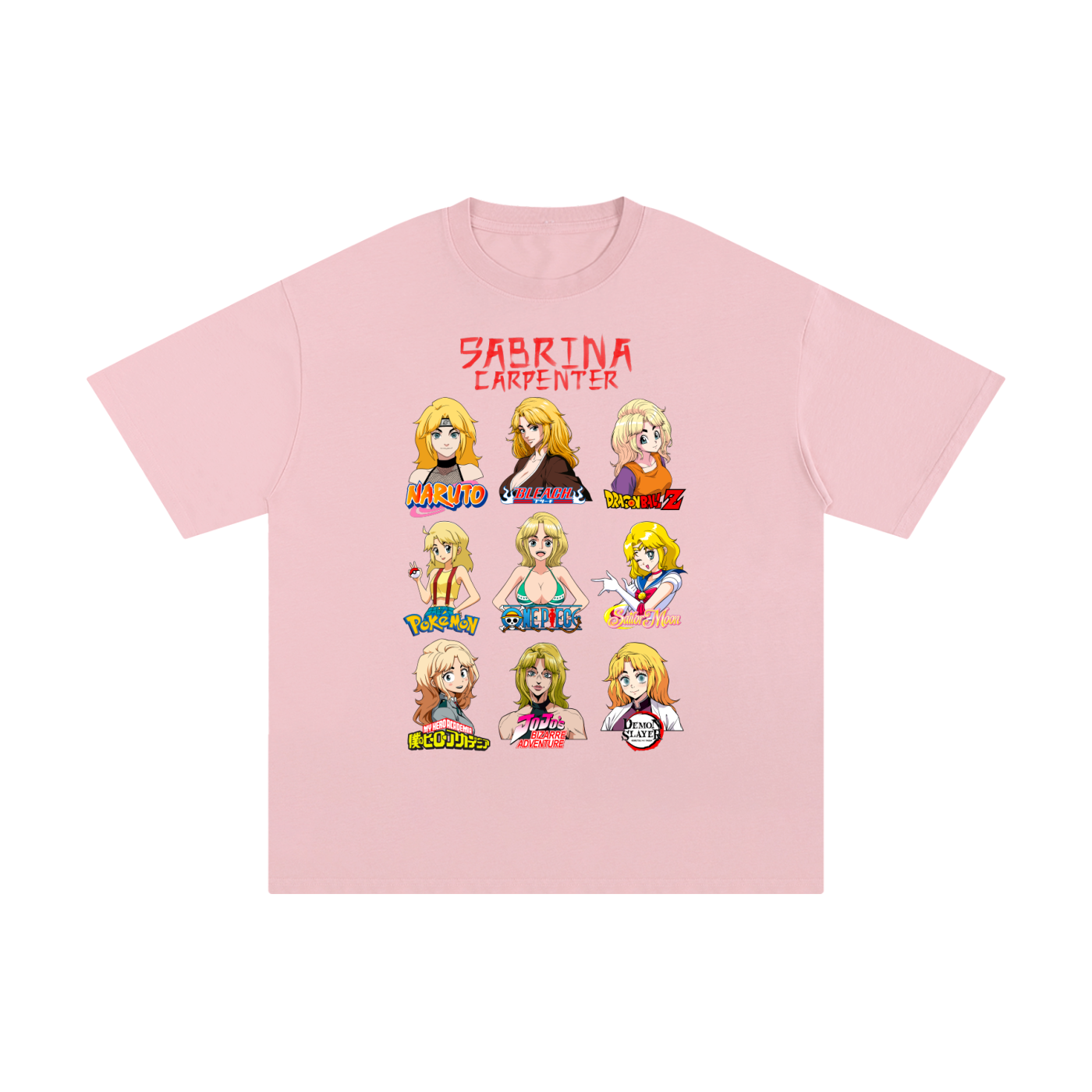 Sabrina Carpenter Anime Art Styles Pink Classic Tee, Naruto, Bleach, Dragonball Z, Pokémon, One Piece, Sailor Moon, My Hero Academia, Jojo's Bizarre Adventure, Demon Slayer