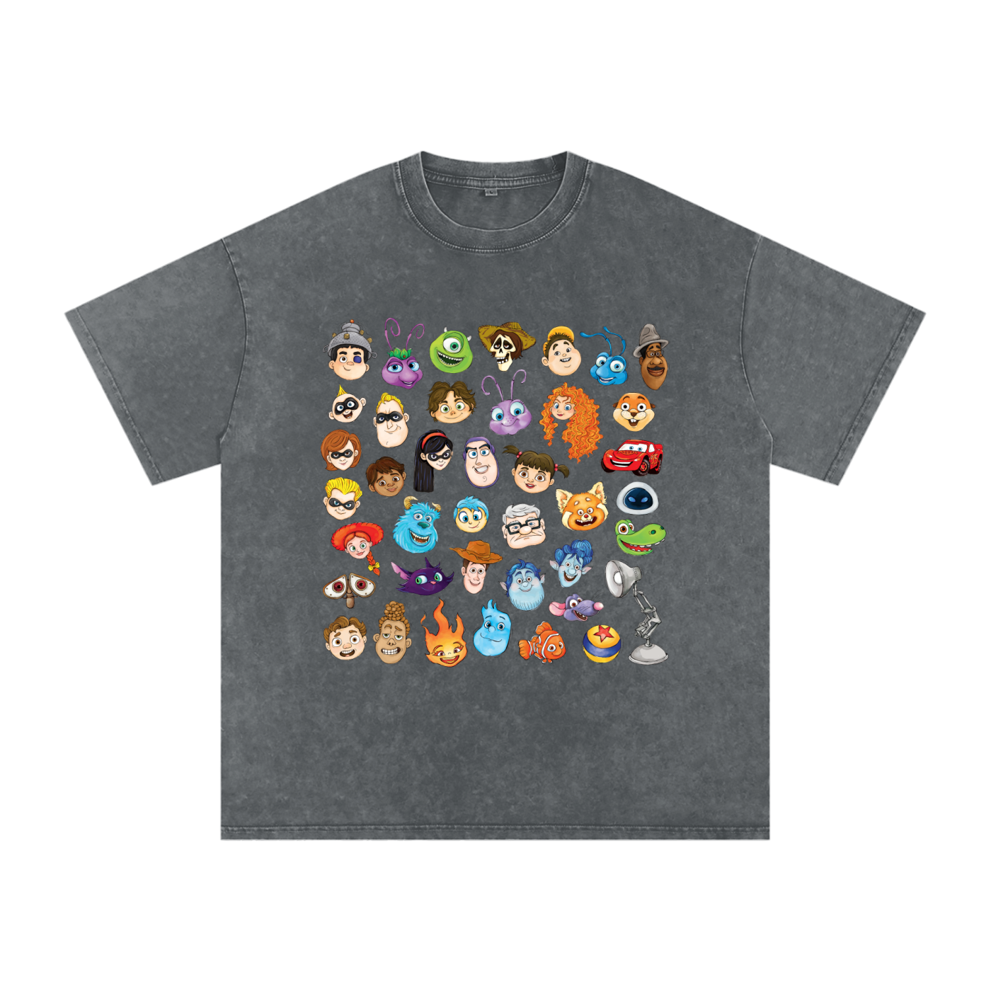 Watercolour Disney Pixar Protagonist Icons Dark Grey Acid Wash Tee, Toy Story, A Bug’s Life, Monsters, Inc., Finding Nemo, The Incredibles, Cars, Ratatouille, WALL-E, Up, Brave, Inside Out, The Good Dinosaur, Coco, Onward, Soul, Luca, Turning Red, Elemental, Elio, Hoppers, Gatto