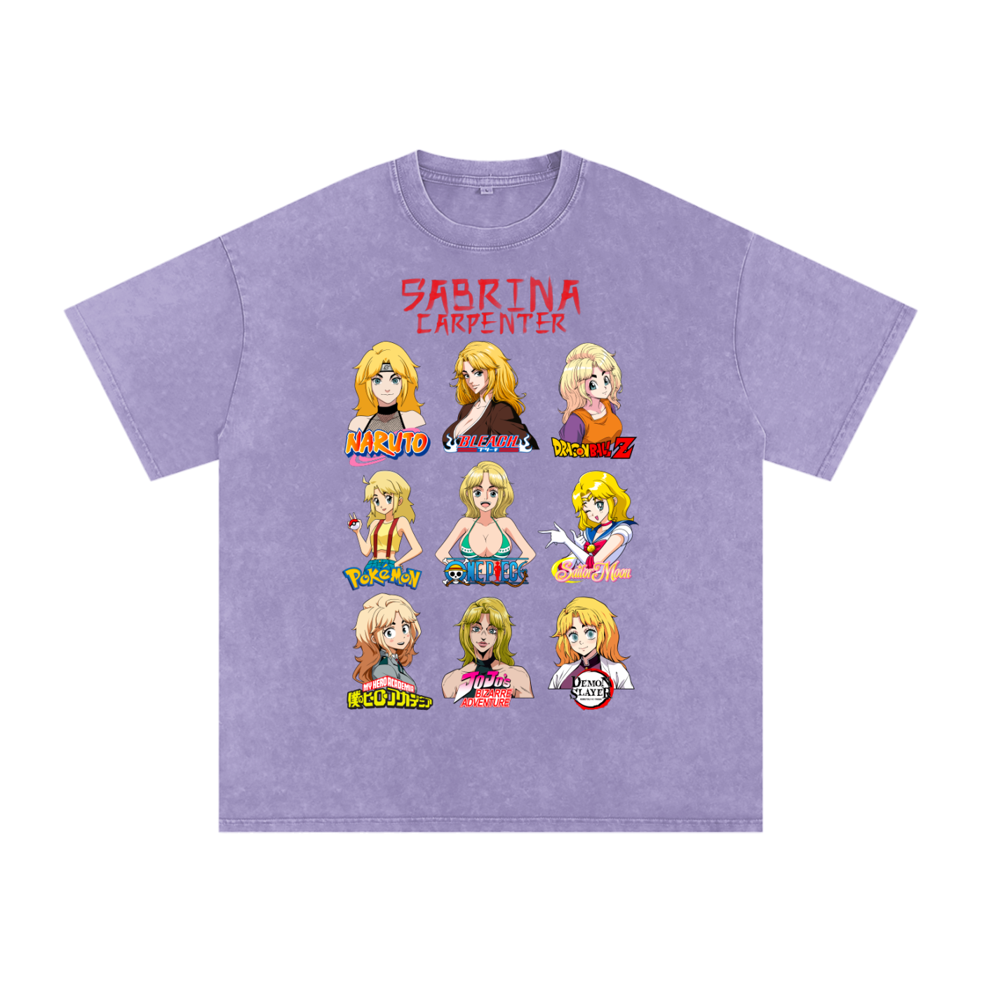 Sabrina Carpenter Anime Art Styles Light Purple Acid Wash Tee, Naruto, Bleach, Dragonball Z, Pokémon, One Piece, Sailor Moon, My Hero Academia, Jojo's Bizarre Adventure, Demon Slayer