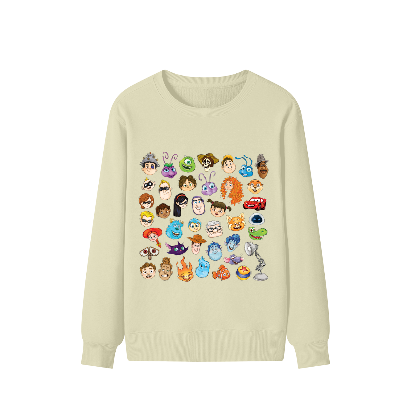 Watercolour Disney Pixar Protagonist Icons Khaki Classic Sweatshirt, Toy Story, A Bug’s Life, Monsters, Inc., Finding Nemo, The Incredibles, Cars, Ratatouille, WALL-E, Up, Brave, Inside Out, The Good Dinosaur, Coco, Onward, Soul, Luca, Turning Red, Elemental, Elio, Hoppers, Gatto