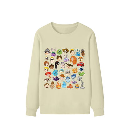 Watercolour Disney Pixar Protagonist Icons Khaki Classic Sweatshirt, Toy Story, A Bug’s Life, Monsters, Inc., Finding Nemo, The Incredibles, Cars, Ratatouille, WALL-E, Up, Brave, Inside Out, The Good Dinosaur, Coco, Onward, Soul, Luca, Turning Red, Elemental, Elio, Hoppers, Gatto