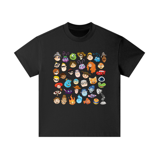 Watercolour Disney Pixar Protagonist Icons Black Classic Kids' Tee, Toy Story, A Bug’s Life, Monsters, Inc., Finding Nemo, The Incredibles, Cars, Ratatouille, WALL-E, Up, Brave, Inside Out, The Good Dinosaur, Coco, Onward, Soul, Luca, Turning Red, Elemental, Elio, Hoppers, Gatto