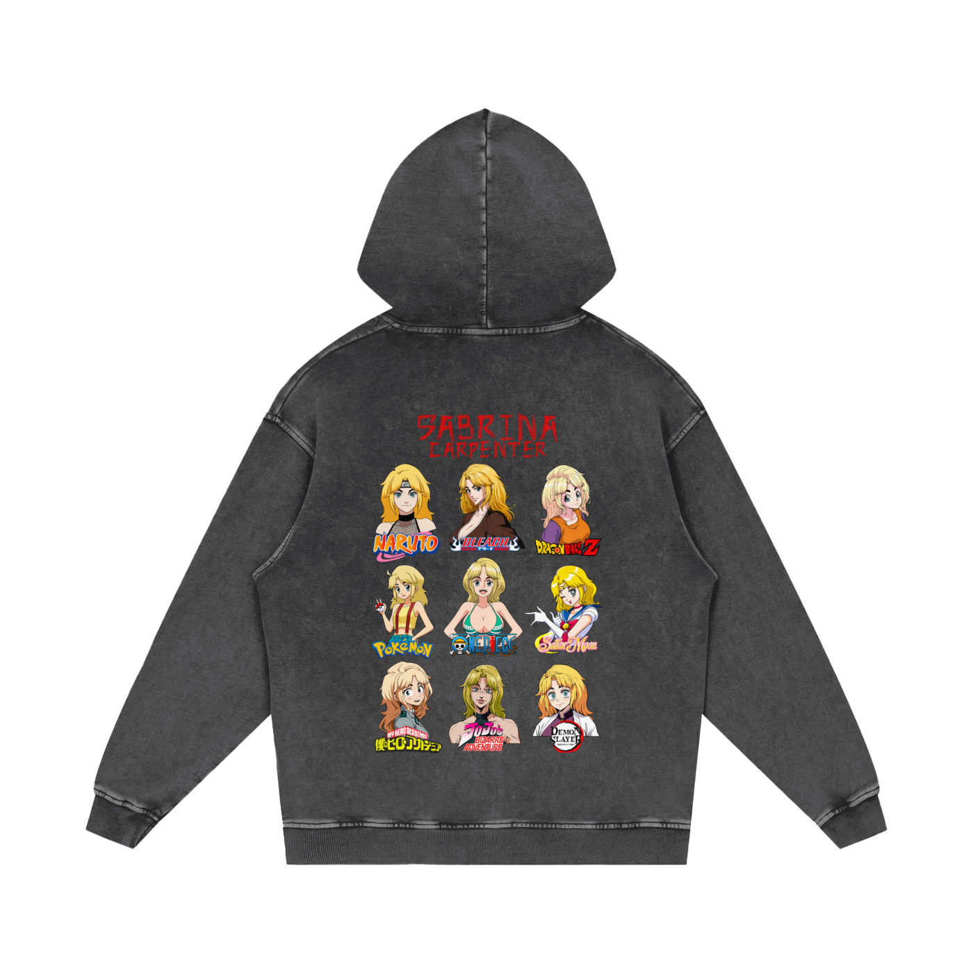 Sabrina Carpenter Anime Art Styles Dark Grey Acid Wash Hoodie, Naruto, Bleach, Dragonball Z, Pokémon, One Piece, Sailor Moon, My Hero Academia, Jojo's Bizarre Adventure, Demon Slayer