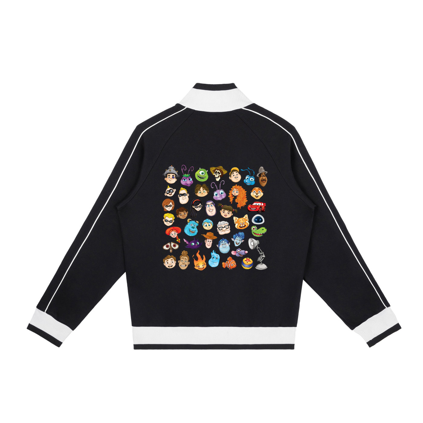 Watercolour Disney Pixar Protagonist Icons Black Retro Raglan Zip-Up Track Jacket, Toy Story, A Bug’s Life, Monsters, Inc., Finding Nemo, The Incredibles, Cars, Ratatouille, WALL-E, Up, Brave, Inside Out, The Good Dinosaur, Coco, Onward, Soul, Luca, Turning Red, Elemental, Elio, Hoppers, Gatto