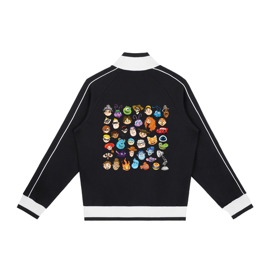 Watercolour Disney Pixar Protagonist Icons Black Retro Raglan Zip-Up Track Jacket, Toy Story, A Bug’s Life, Monsters, Inc., Finding Nemo, The Incredibles, Cars, Ratatouille, WALL-E, Up, Brave, Inside Out, The Good Dinosaur, Coco, Onward, Soul, Luca, Turning Red, Elemental, Elio, Hoppers, Gatto