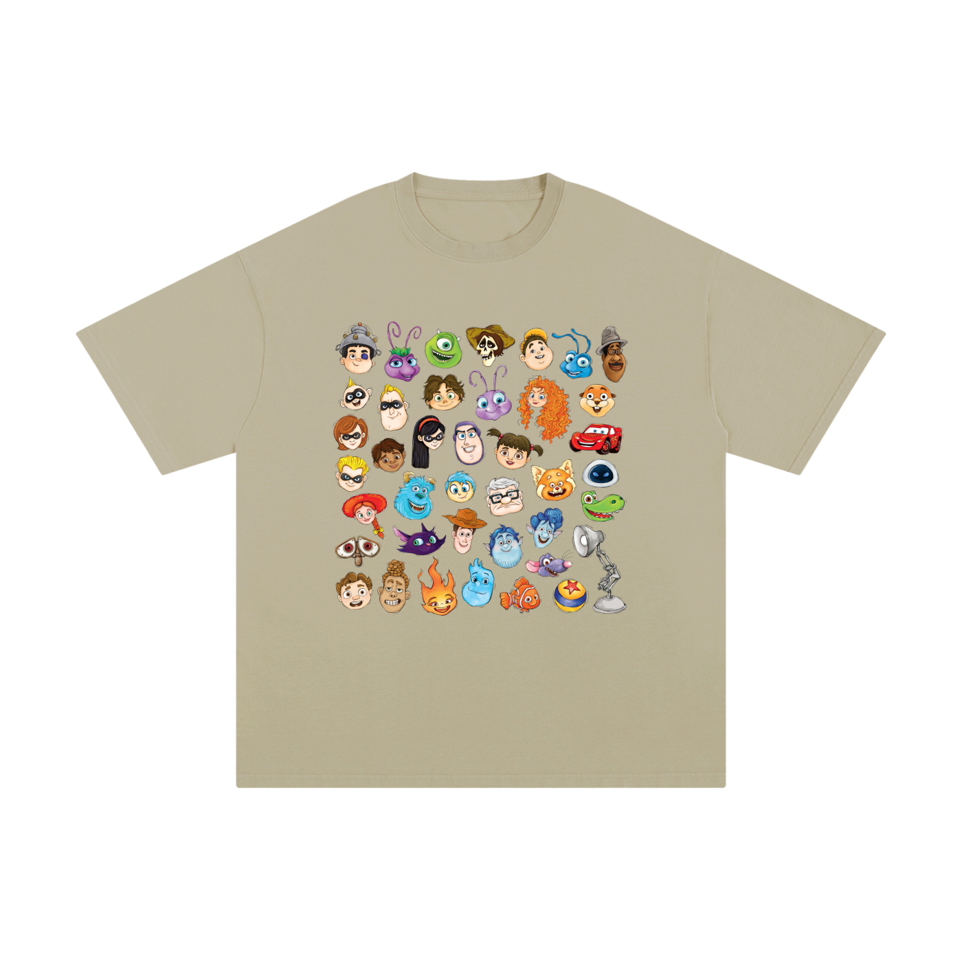 Watercolour Disney Pixar Protagonist Icons Dusty Olive Classic Tee, Toy Story, A Bug’s Life, Monsters, Inc., Finding Nemo, The Incredibles, Cars, Ratatouille, WALL-E, Up, Brave, Inside Out, The Good Dinosaur, Coco, Onward, Soul, Luca, Turning Red, Elemental, Elio, Hoppers, Gatto