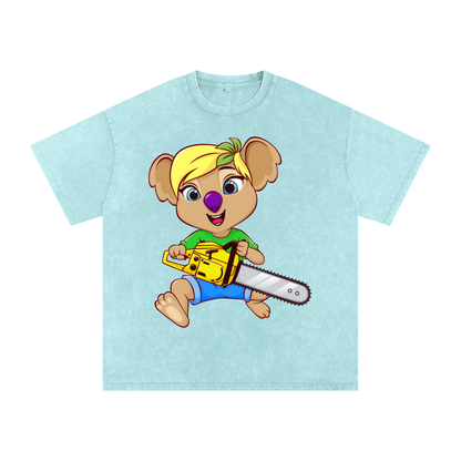Disney Style Koala Chainsaw Acid Wash Ice Blue Tee