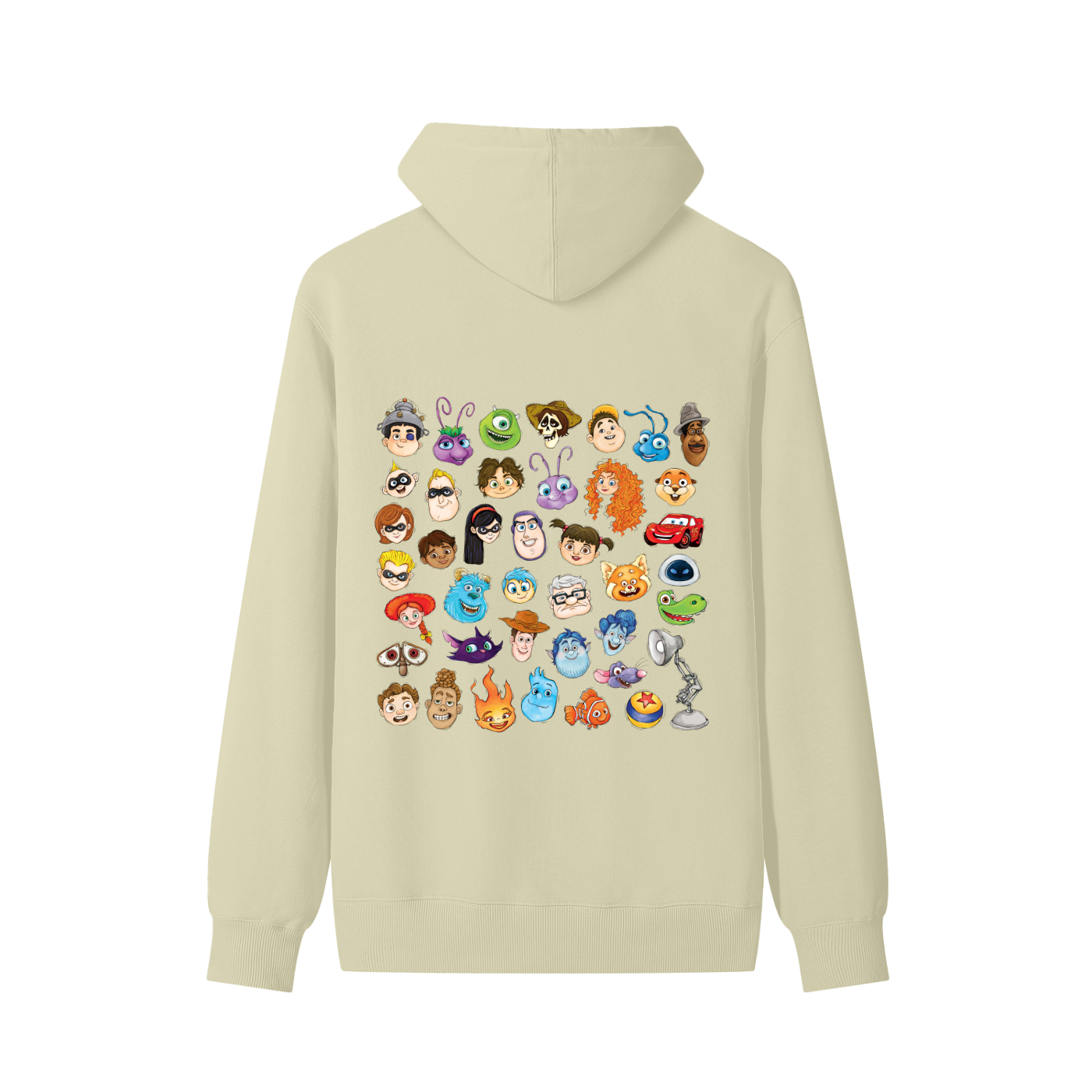 Watercolour Disney Pixar Protagonist Icons Khaki Classic Hoodie, Toy Story, A Bug’s Life, Monsters, Inc., Finding Nemo, The Incredibles, Cars, Ratatouille, WALL-E, Up, Brave, Inside Out, The Good Dinosaur, Coco, Onward, Soul, Luca, Turning Red, Elemental, Elio, Hoppers, Gatto