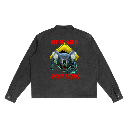 Beware Drop Bear Black Denim Vintage Washed Zip-Up Jacket