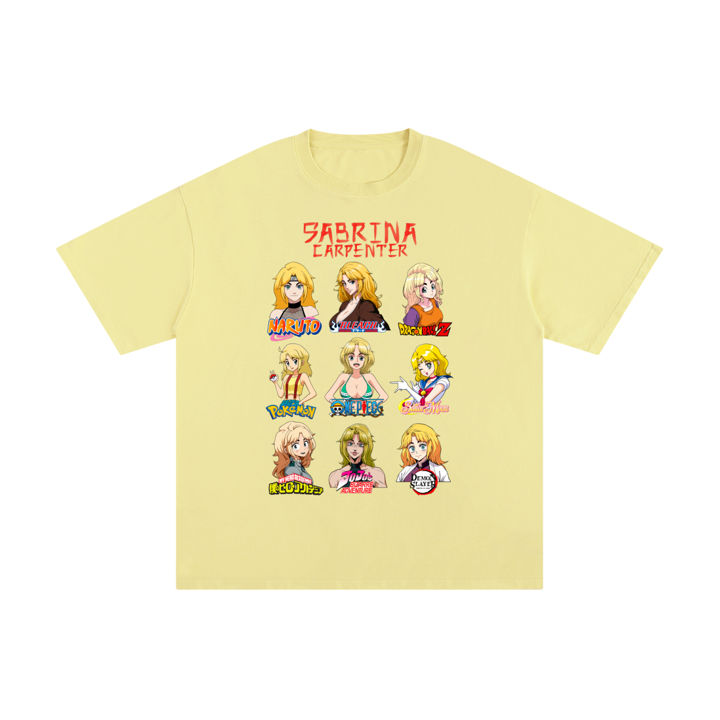 Sabrina Carpenter Anime Art Styles Light Yellow Classic Tee, Naruto, Bleach, Dragonball Z, Pokémon, One Piece, Sailor Moon, My Hero Academia, Jojo's Bizarre Adventure, Demon Slayer