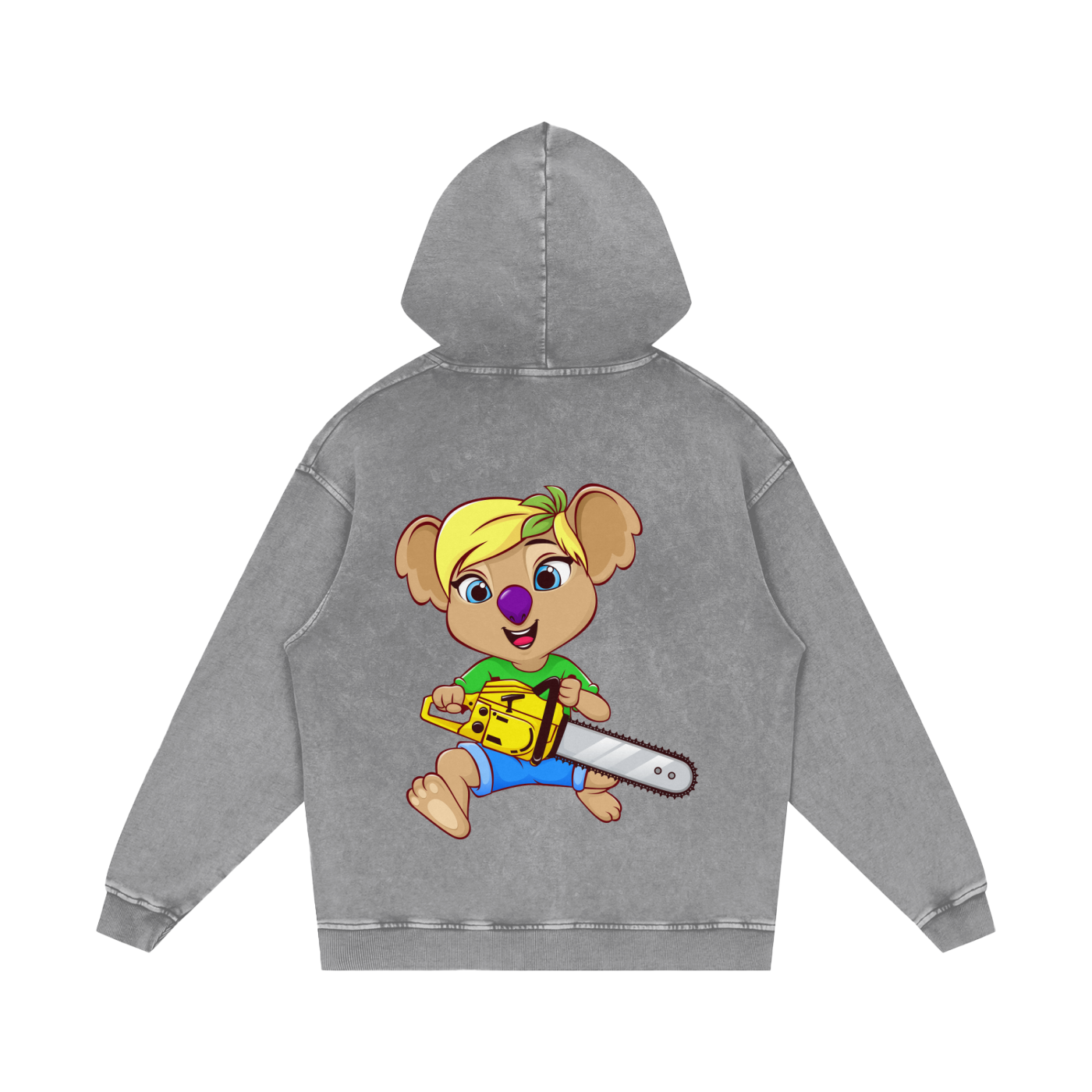 Disney Style Koala Chainsaw Acid Wash Light Grey Hoodie