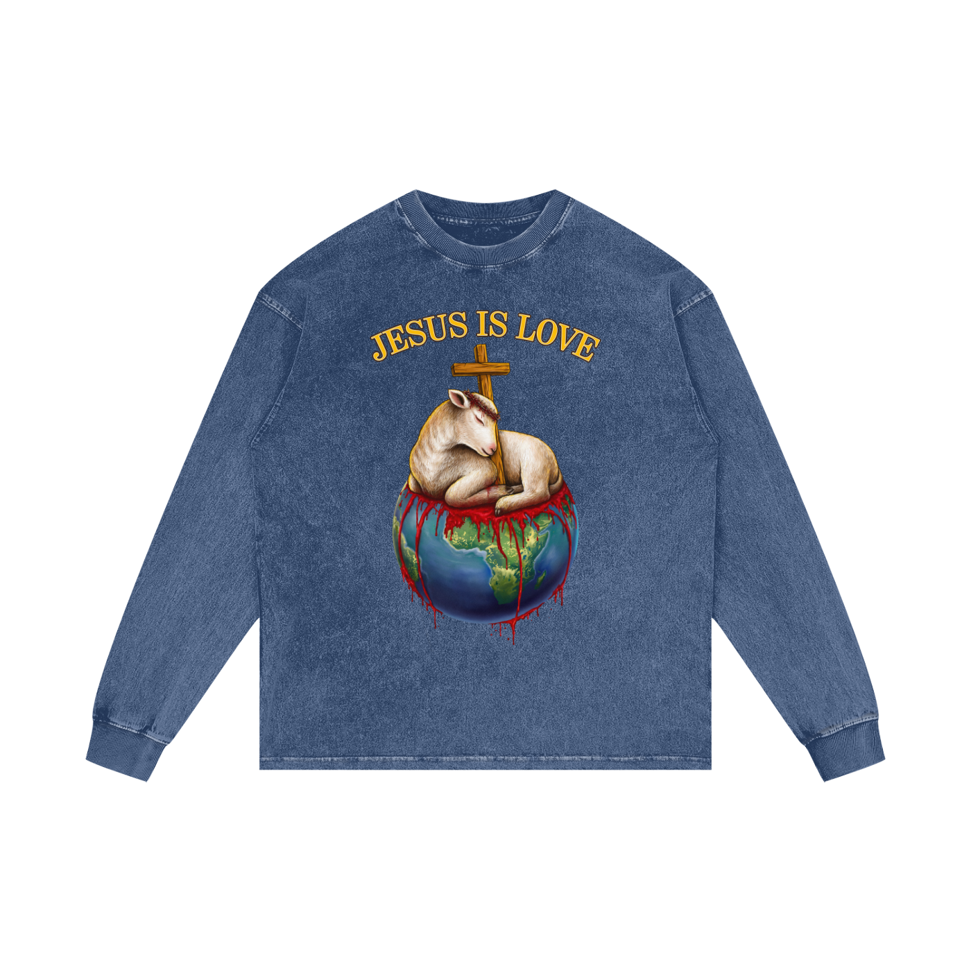 Jesus Is Love Dark Blue Acid Wash Long Sleeve Tee