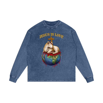 Jesus Is Love Dark Blue Acid Wash Long Sleeve Tee