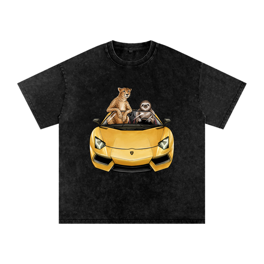 Cheetah & Sloth Lamborghini Aventador Black Acid Wash Tee