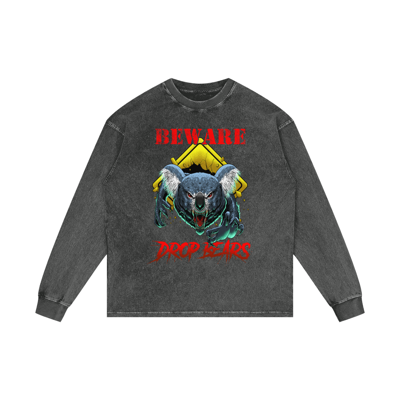 Beware Drop Bear Dark Grey Acid Wash Long Sleeve Tee